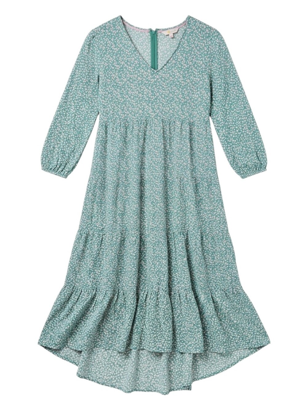 Boden Green Pink Flowers Floral Hi Low Tiered Dress Cottage Core Size 8 Petite